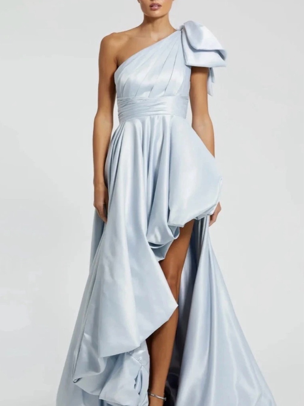 Mac Duggal Pale Blue One-Shoulder Asymmetrical Evening Gown